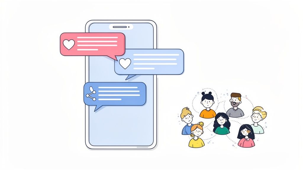 A smartphone displays chat bubbles with heart and share icons, connecting a diverse group of people.
