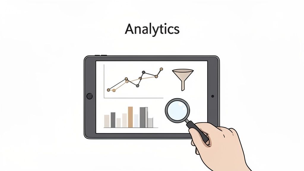 A tablet displays data analytics with a line graph, bar chart, and a funnel icon, with a hand holding a magnifying glass over it.