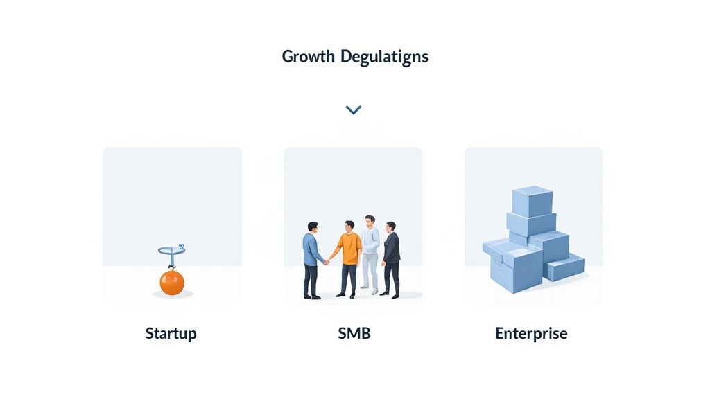 Three illustrations depict growth stages: a startup's balance, SMB collaboration, and enterprise scale.