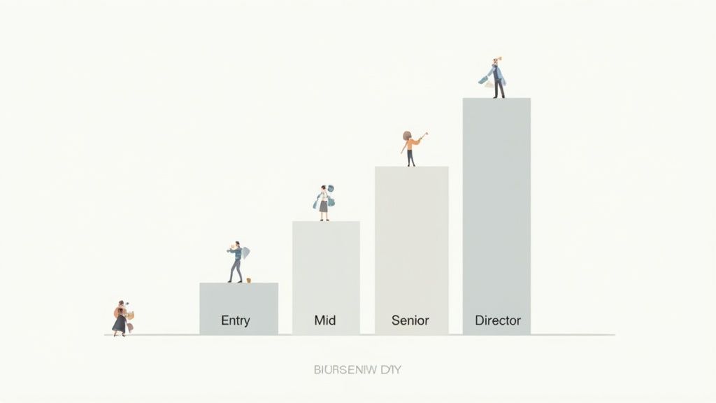 An illustration depicting career progression with people on increasing bars labeled Entry, Mid, Senior, Director.