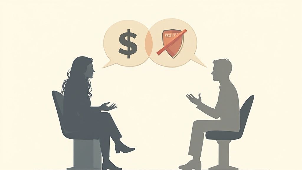 Two people discuss financial matters, with speech bubbles showing a dollar sign and a crossed-out economic shield.