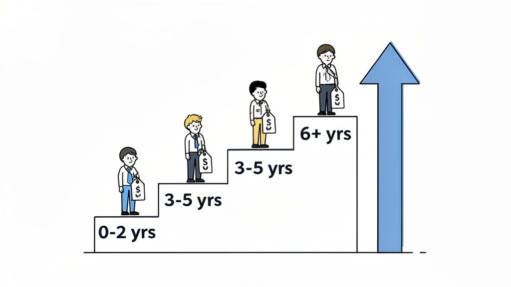 Cartoon men on steps illustrate increasing salary and value with years of experience, from 0-2 to 6+ years.