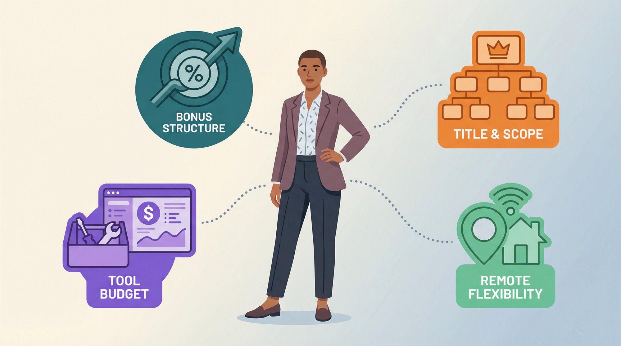 Visual breakdown of total compensation elements beyond base salary: bonus structure, title scope, tool budget, and remote flexibility illustrated as interconnected value components