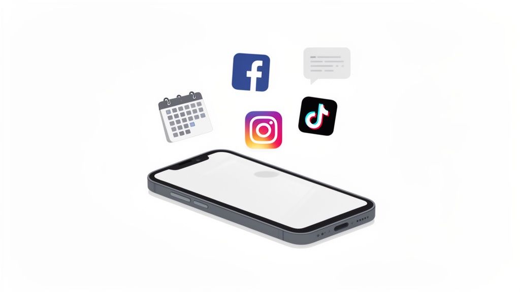 Smartphone with Facebook, Instagram, TikTok, calendar, and message icons floating above it, representing digital communication.