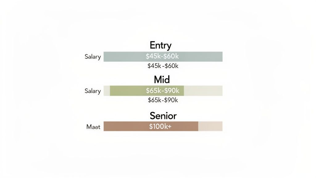 Salary ranges for Entry, Mid, and Senior career levels, with corresponding income brackets.