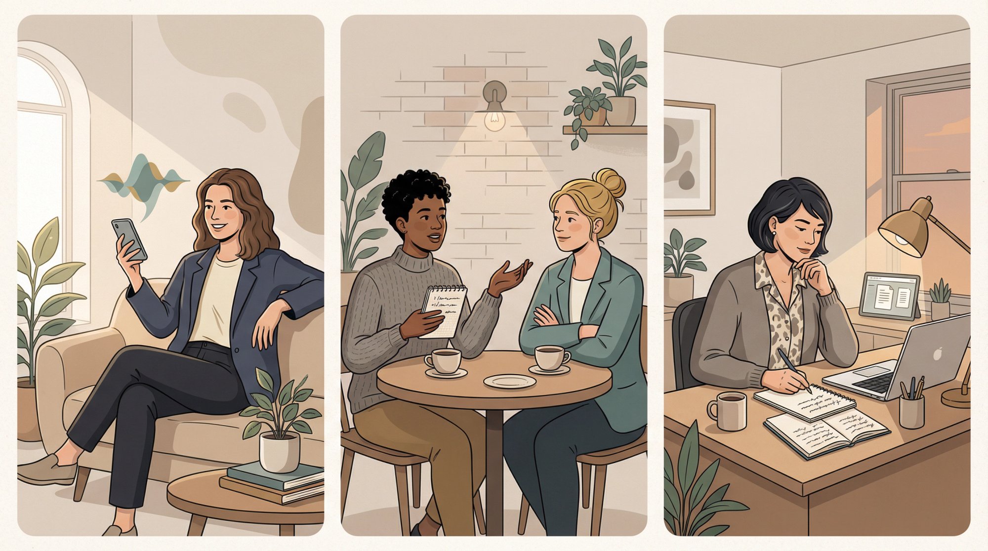 Three-panel illustration showing salary negotiation practice methods: person recording script on phone, two people role-playing interview, and professional writing at laptop