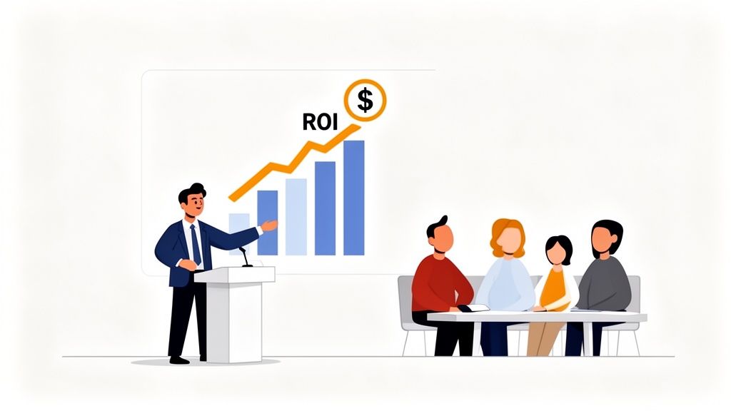 A businessman presents an increasing ROI chart with a dollar sign to an audience, illustrating financial growth.