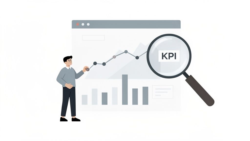 A man analyzing a digital dashboard with graphs and charts, using a magnifying glass to highlight 'KPI'.