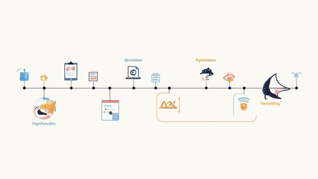 A detailed process flow diagram with interconnected icons, labels, and a timeline structure.