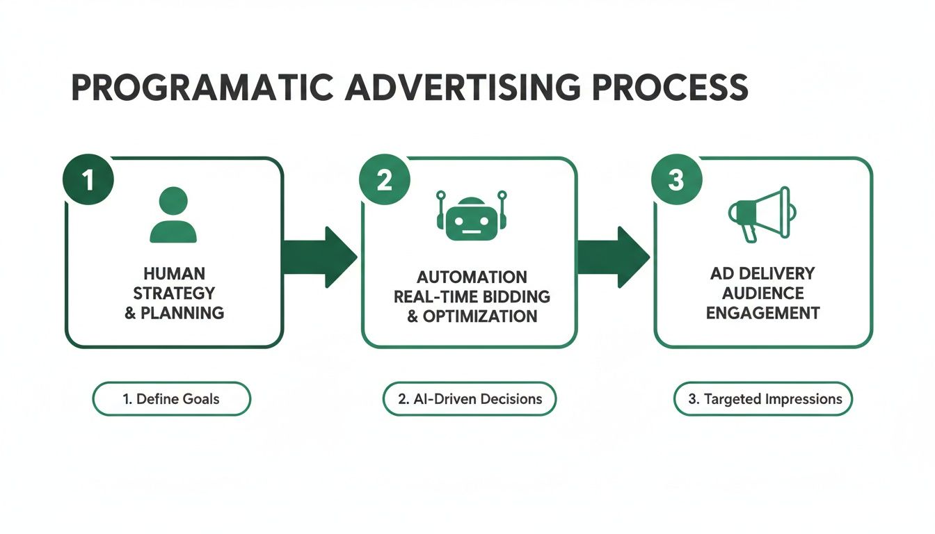 Diagram illustrating the three-step programmatic advertising process from human strategy to ad delivery.