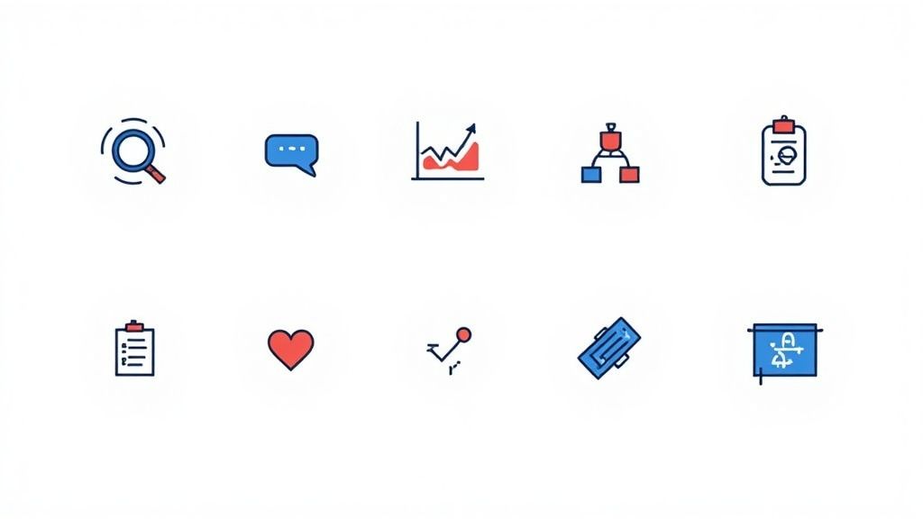 A collection of ten blue and red outline icons, including search, chat, graph, flowchart, and checklist.