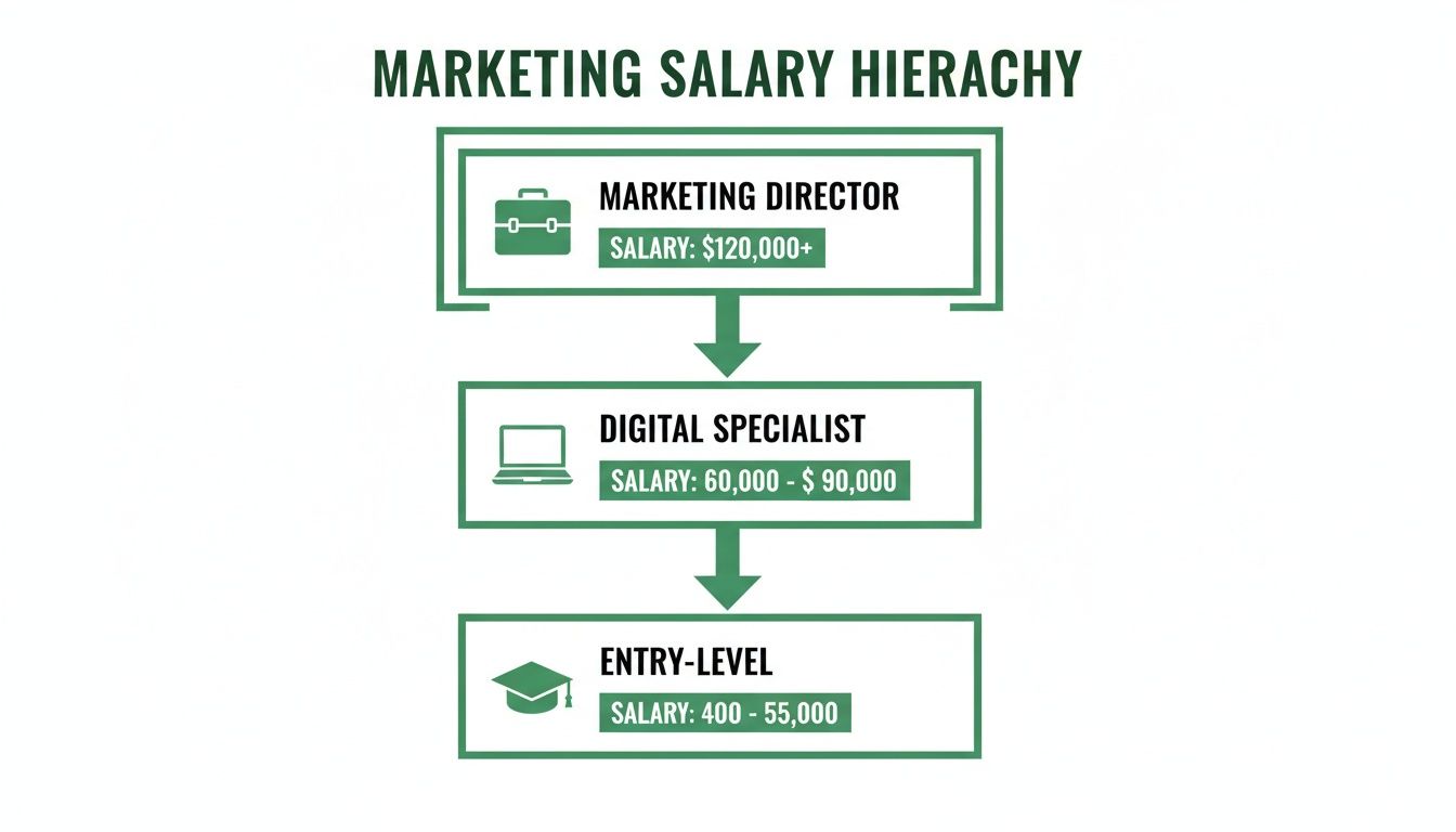 Marketing salary hierarchy chart showing roles from entry-level to director with their salary ranges.