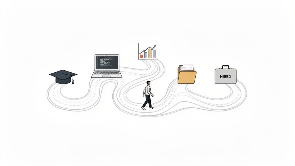 A person walks a winding path, representing a career journey from graduation to employment.