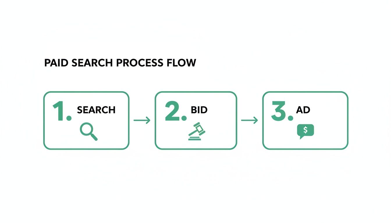 Paid Search Process Flow diagram showing three sequential steps: Search, Bid, and Ad.