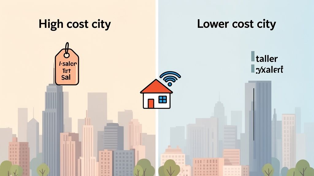An image comparing a high-cost city with high salaries and a lower-cost city with better quality of life.