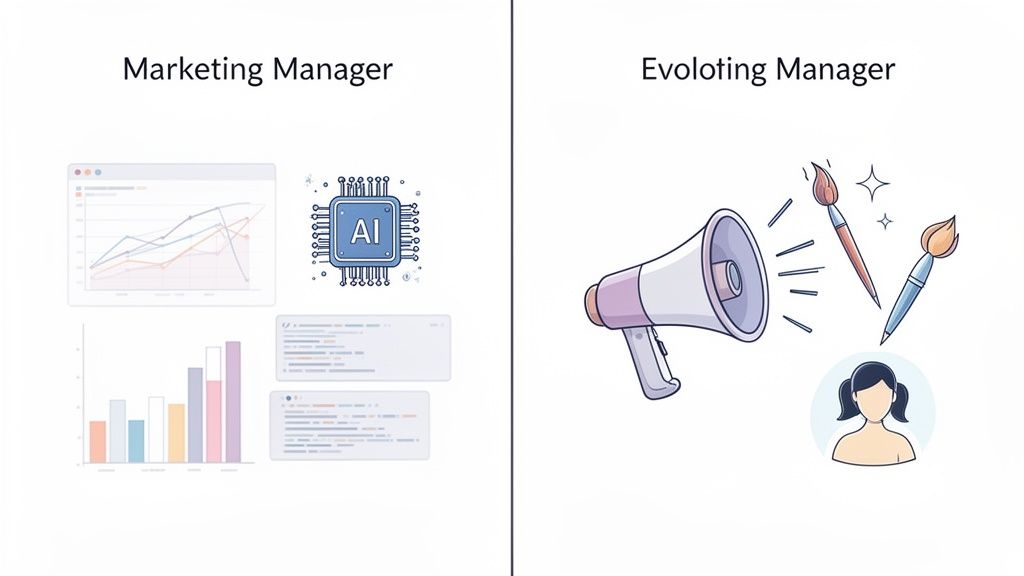 An image comparing traditional data-driven Marketing Manager with creative 'Evoloting Manager'.