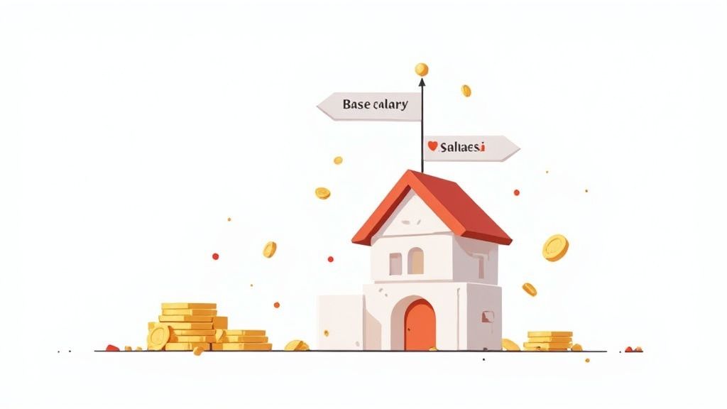 A stylized house with a signpost indicating 'Base calary' and 'Saliaesi', surrounded by golden coins.