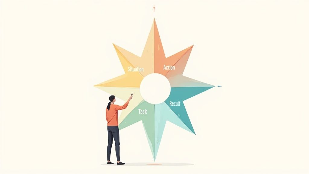 Person pointing at a colorful star-shaped diagram illustrating the Situation, Action, Result, Task (STAR) method.