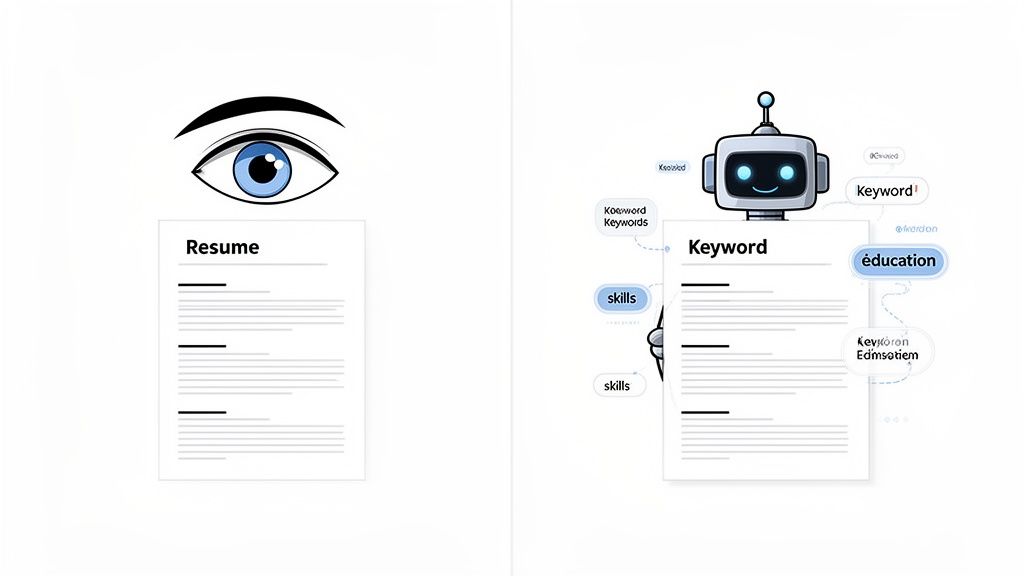 An eye looking at a resume versus a robot analyzing a keyword-optimized resume with highlighted skills and education.