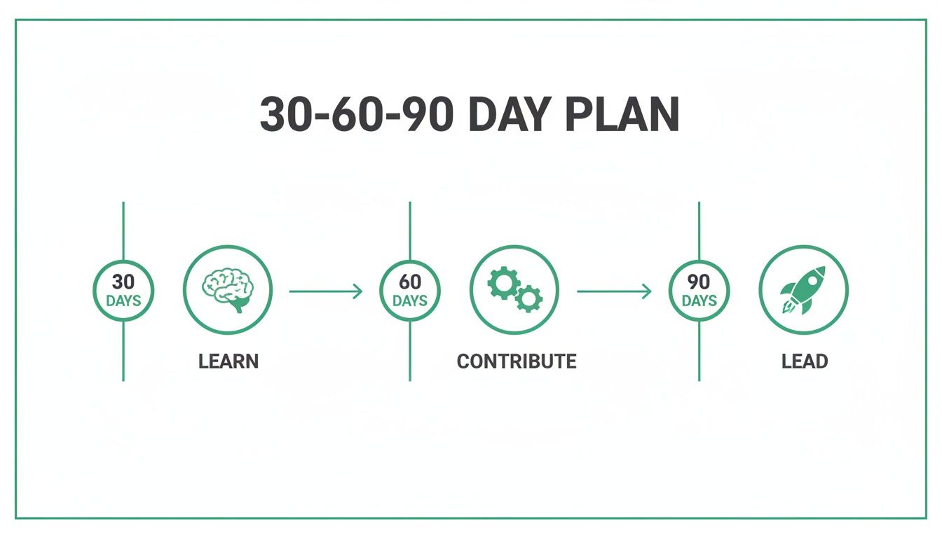 A 30-60-90 day plan timeline showing stages for learning, contributing, and leading.