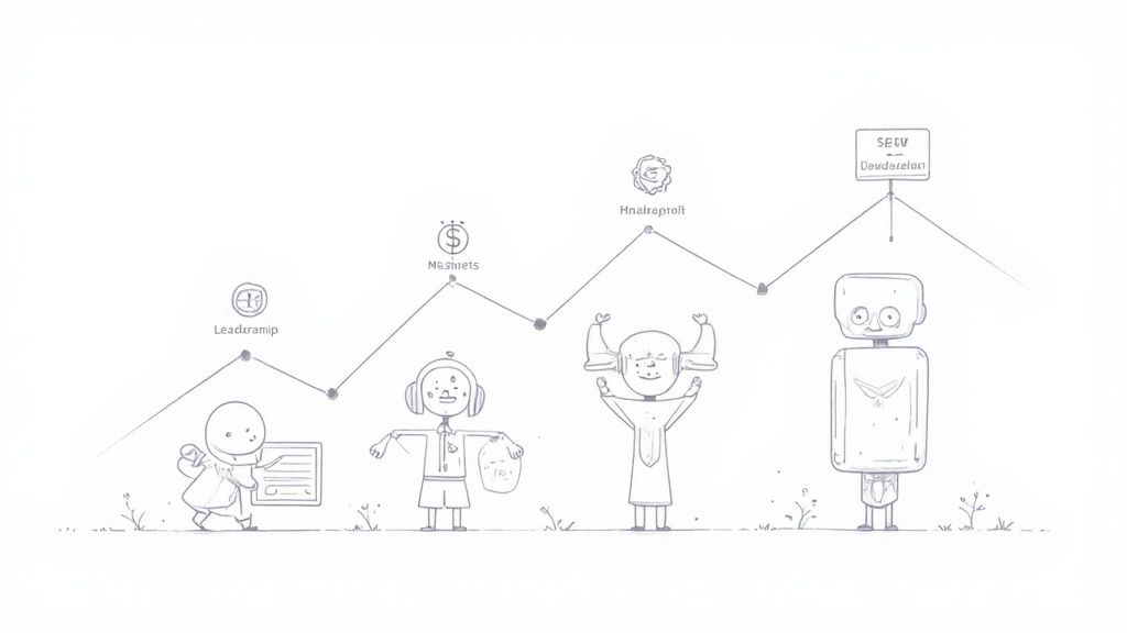 A line graph above four cartoon characters, illustrating business growth stages: Leadramp, Magnets, Hnalroptolt, and SELV Dewdetelon.