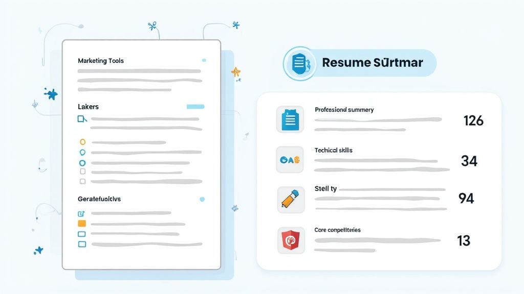 An infographic showing resume sections, categories like marketing tools, and a summary with scores.