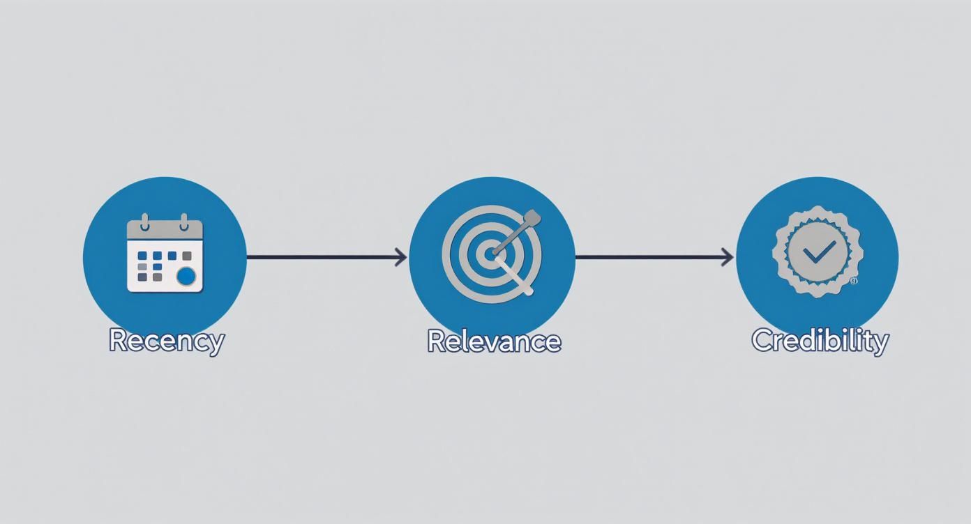 Three connected blue circles showing recency, relevance, and credibility evaluation criteria with icons