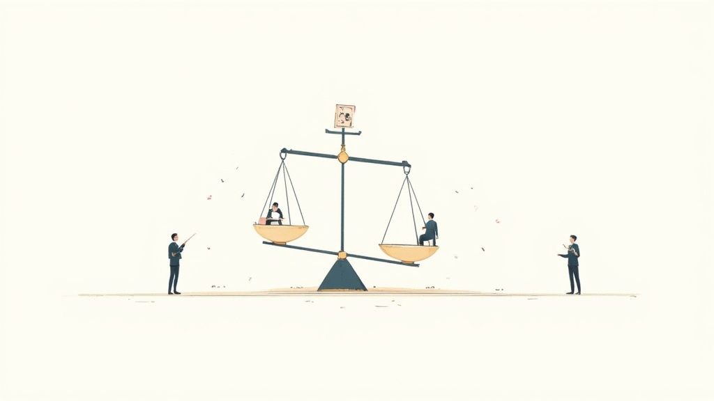 An illustration of a balance scale showing unequal effort between two people, symbolizing work inequality.