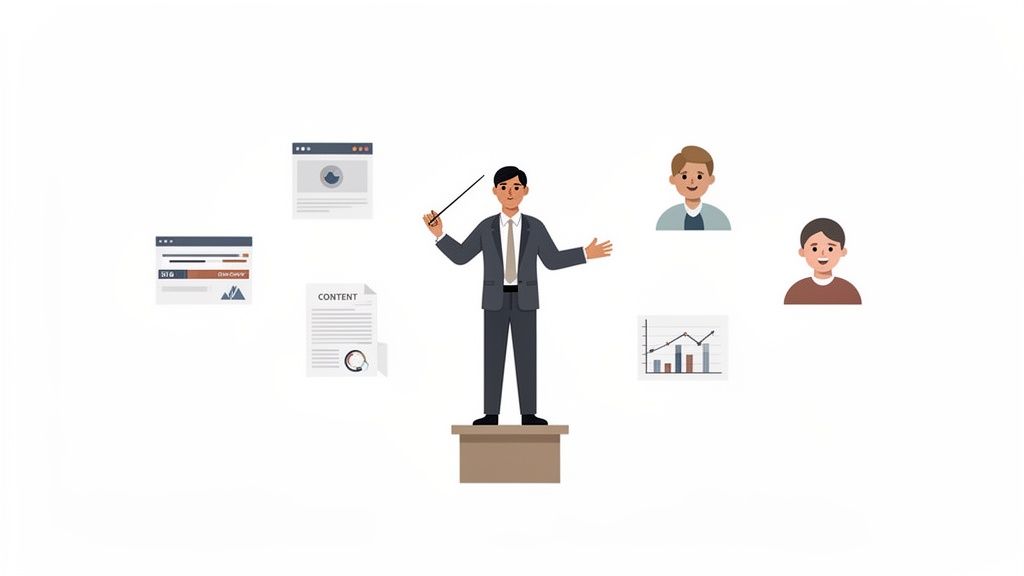 An illustration of a marketing manager overseeing websites, content, team members, and data analysis.