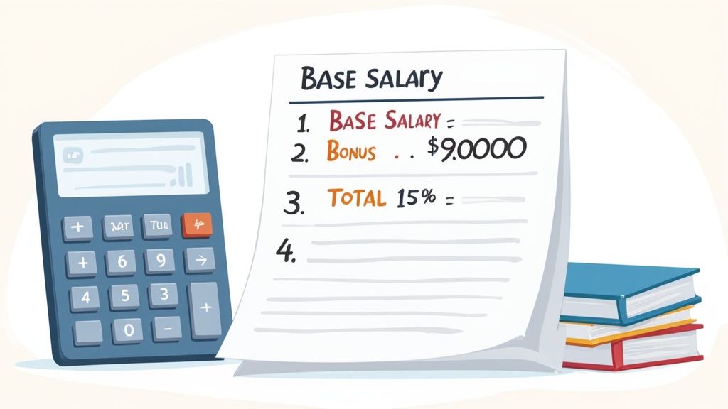 A desk with a laptop showing financial charts, a calculator, and a notepad, illustrating the calculation of direct cash compensation.