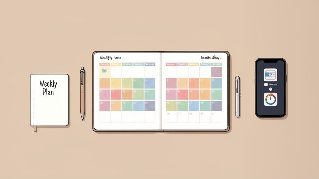 A minimalist desk setup with a 'Weekly Plan' notebook, open digital planner, pens, and a smartphone.