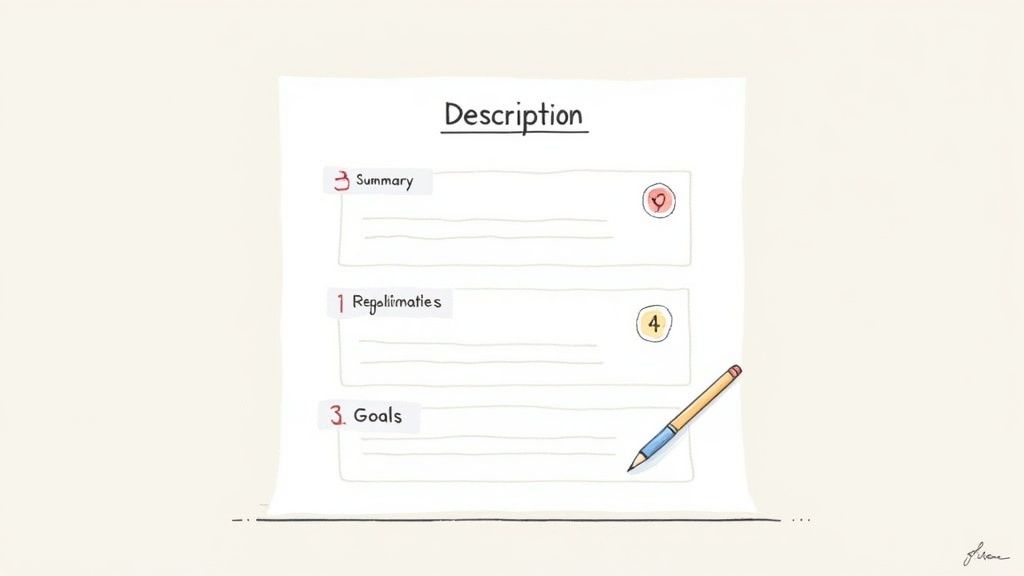 Handwritten document titled 'Description' with sections: Summary, Regulations, and Goals, next to a pencil.