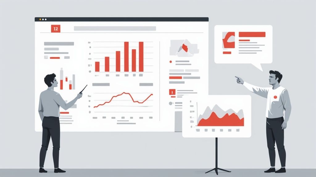 Two men present business data, charts, and graphs on a large screen and an easel.