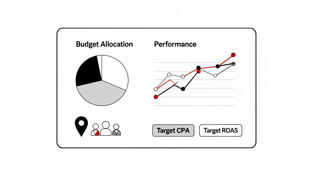 A dashboard displays budget allocation pie chart, performance line graph, audience segmentation icons, and optimization targets.