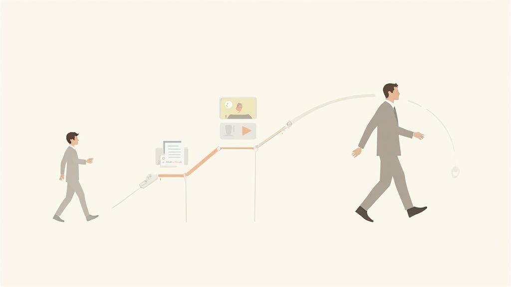 A person sitting at a desk and smiling during a video interview on their laptop.