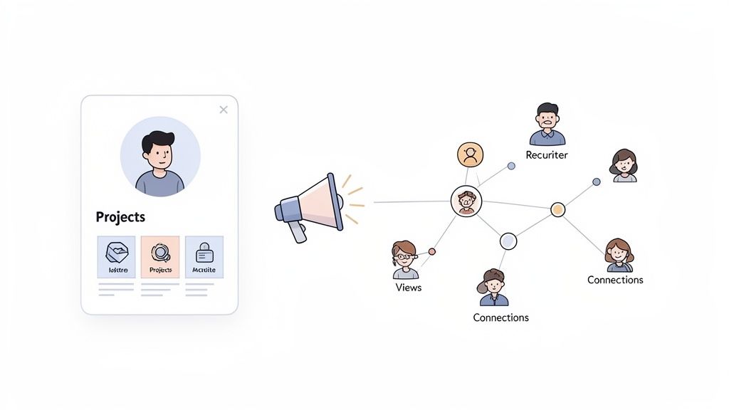 Illustration of a user profile, megaphone, and a network graph showing connections and recruiters.