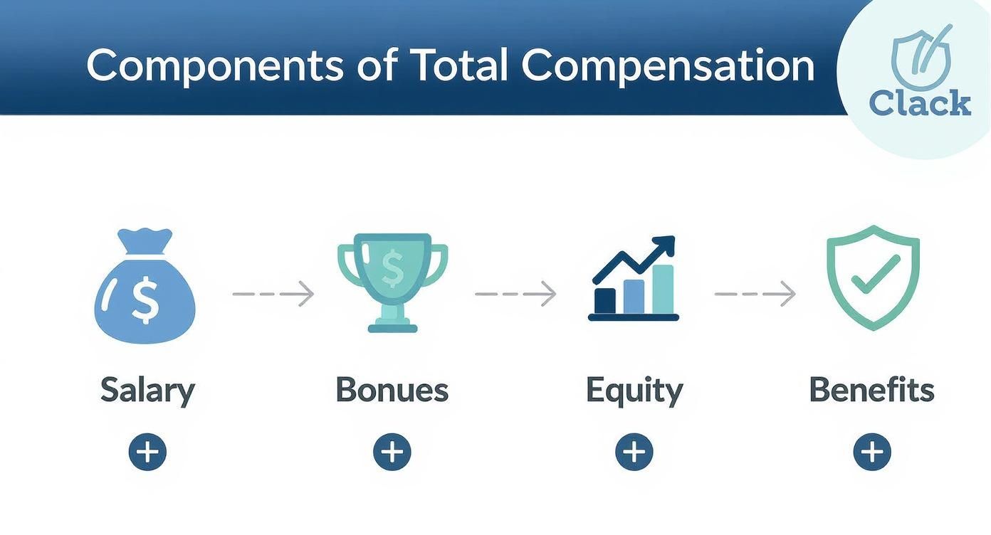 Infographic breaking down total compensation into Salary, Bonuses, Equity, and Benefits.