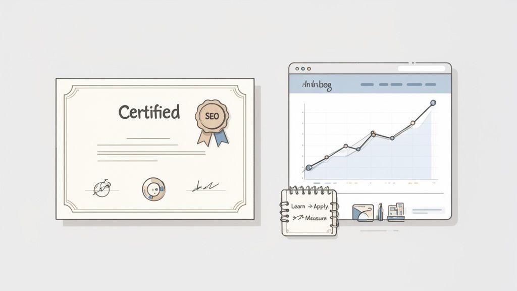 An SEO certified certificate next to a computer screen showing a rising graph of marketing results.