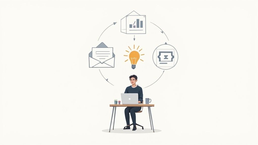 Illustration of a person at a laptop with a circular workflow of email, ideas, data, and campaigns.