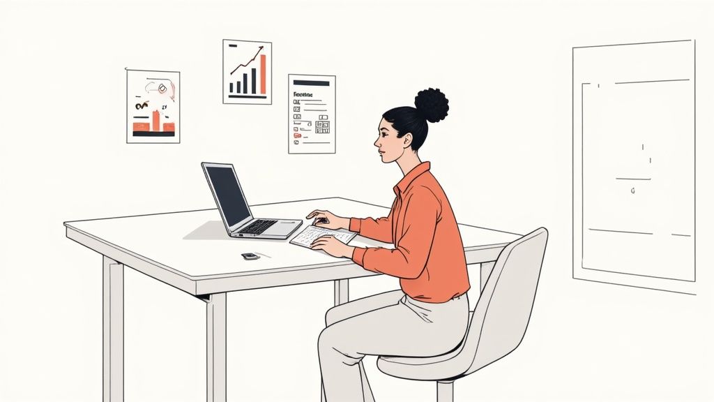 A marketing professional analyzing performance data on a laptop to prepare for a raise negotiation.