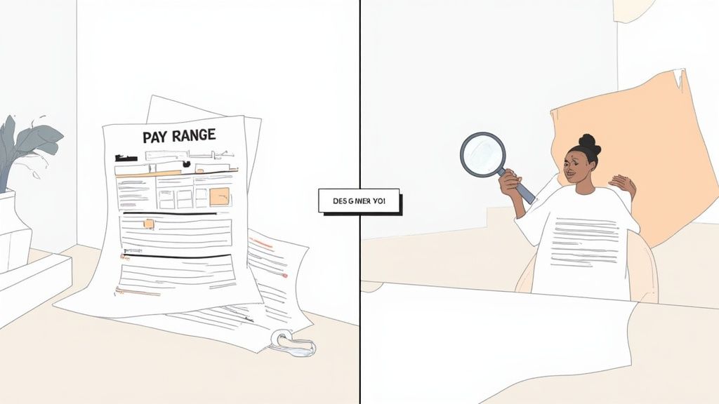 A split image displays pay range documents on a desk and a person with a magnifying glass.