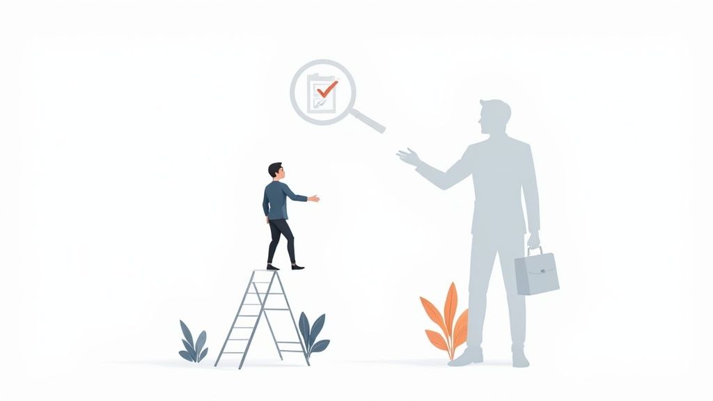 A person at a desk looking at sticky notes on a clear board, planning their career path.