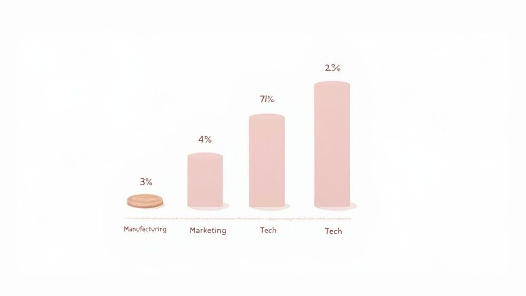Bar chart showing merit increase percentages across departments: Manufacturing 3%, Marketing 4%, Tech 7.5%, Tech 23%