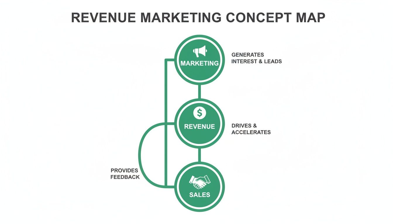 Revenue marketing concept map illustrates marketing generating leads, driving revenue, and sales providing feedback.