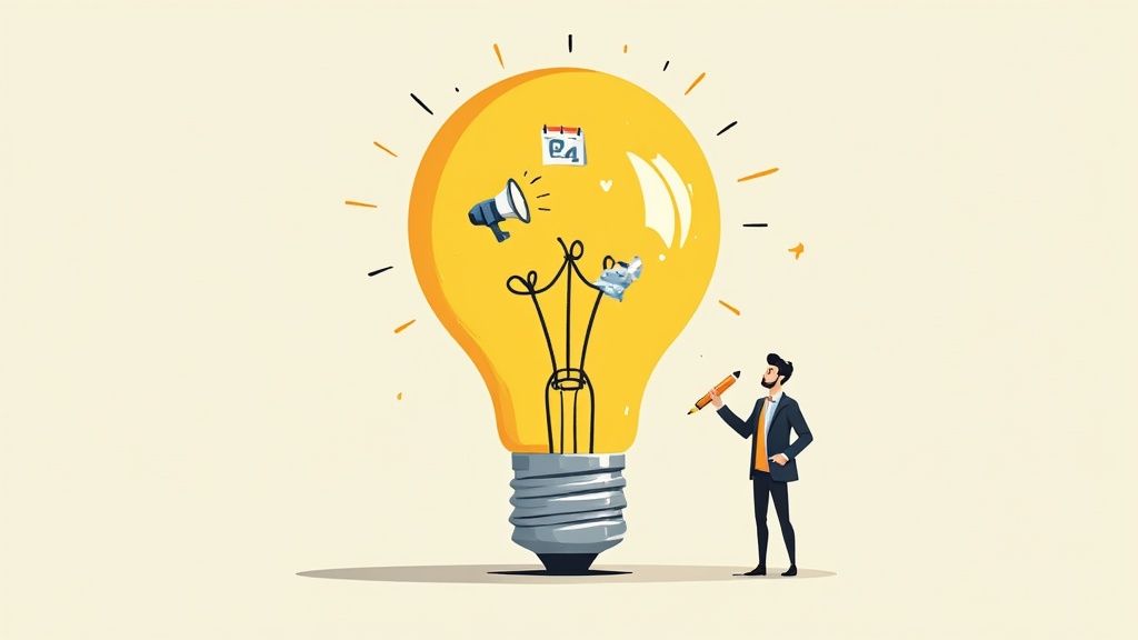 Businessman brainstorming marketing and planning ideas illustrated by a giant lightbulb.