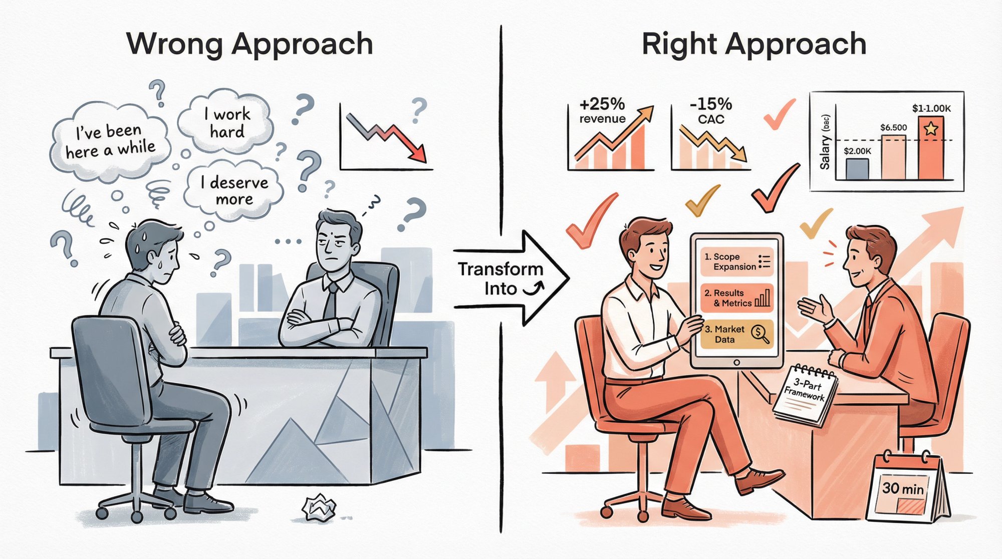 Visual comparison showing wrong vs right approach to asking for a raise: emotional request versus data-backed investment case