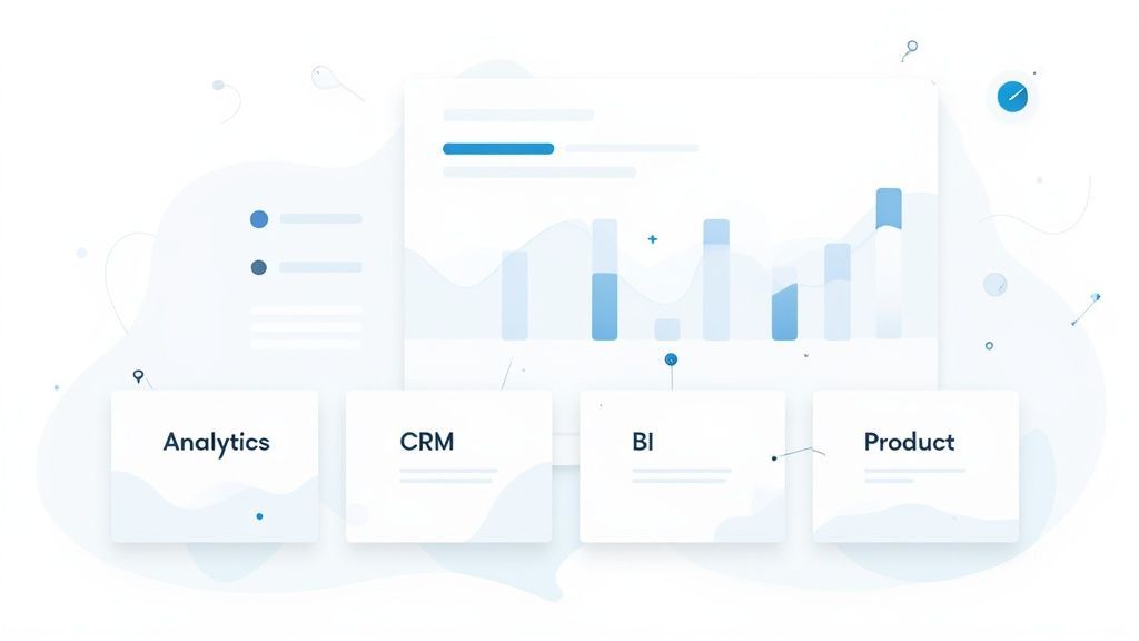 An illustration of a business dashboard displaying charts and data, with cards for Analytics, CRM, BI, and Product.