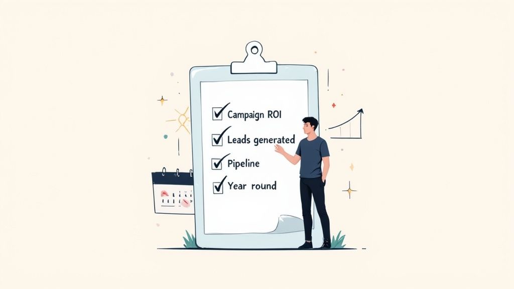 Professional reviewing marketing campaign checklist with ROI, leads generated, pipeline, and year-round metrics checked