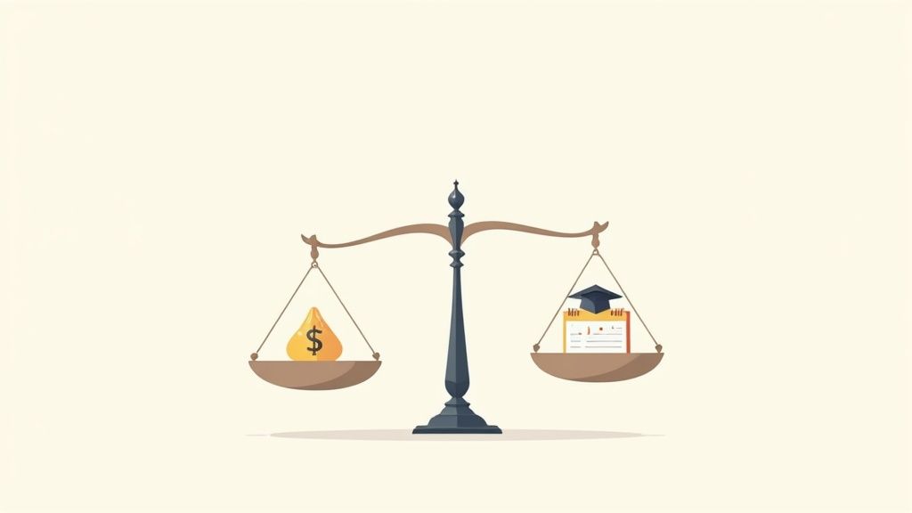 Balance scale weighing money bag against graduation cap and diploma representing education investment