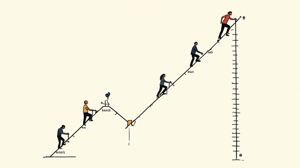 Diverse individuals climb a zig-zagging line with labels, representing a challenging career path.